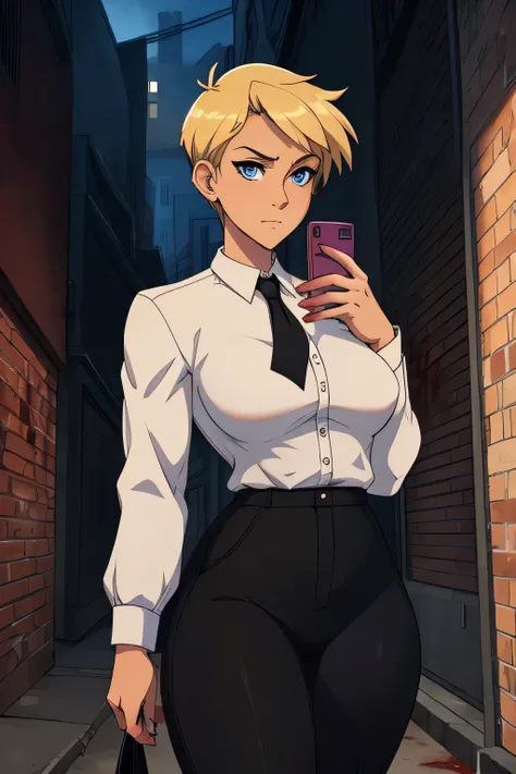 Girl with short blonde hair, blue eyes, wearing A white dress shirt, breasts, with a black tie, defined body, wearing black dress pants Wearing black pants, defined waist, hips, collared shirt, In an alley on a street at night, with a blood-stained shirt a...