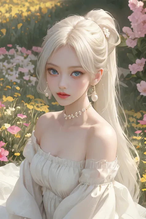 Best Quality、tmasterpiece、Hight resolution、1girll、Dingdall effect、Real、(Golden white hair),(ponytail)、(Pearl Earrings),Edge Light、Two-tone lighting、(highdetailskin:1.2)、8K UHD、pure、Dolce、Floral Background、Colorful background、Based on physically based rende...