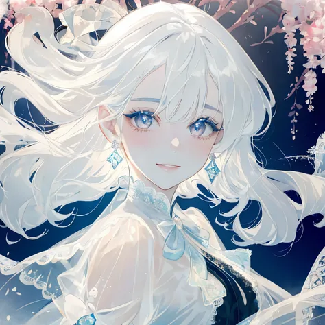 A beautiful girl, with long, gently waving curls that frame her delicate face, oblique bangs that accentuate her expressive eyes, clear and radiant, framed by thick, full lashes. Her features are perfectly symmetrical, with a straight, defined jawline, a s...