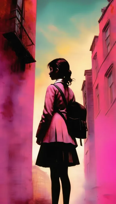 Alone,1girl, A girl in a school uniform、Creative composition、From the bottom angle、((She is waiting for her beloved to return home in the city.)), Pink gradient background、masterpiece, high resolution, top-quality, Dave McKean inspired artwork, Intricate d...