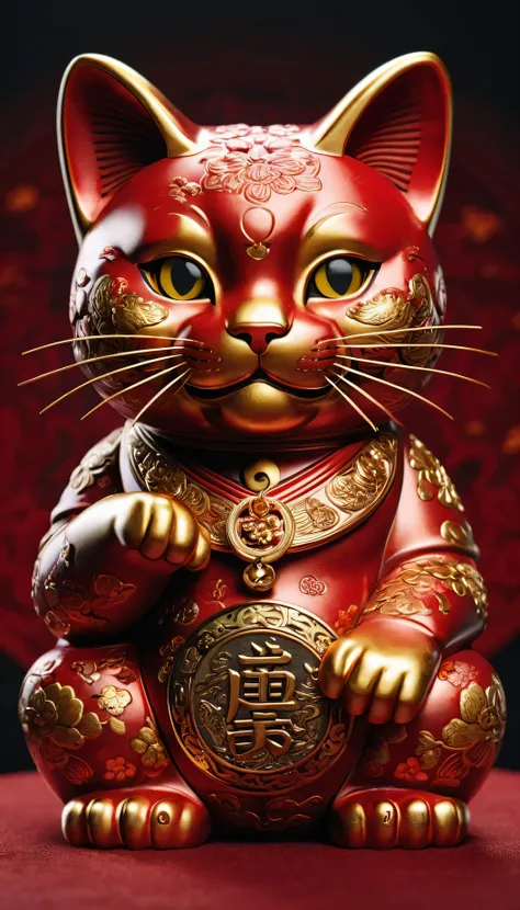 close up face, hybridexa maneki neko's deep in amber, a dark and mysterious world unfolds, a surreal dead of a villian who is a ...