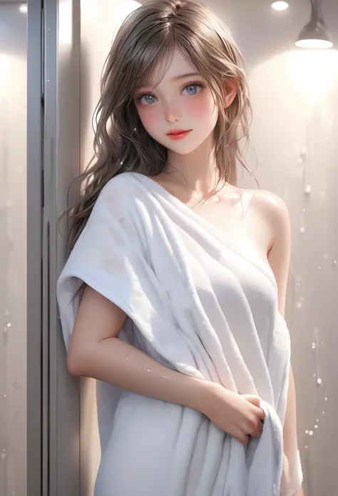 Masterpiece:1.2, Top quality, 16k, High resolution, Super realistic, Beautiful super detail, Photorealistic:1.37, Beautiful and cute girl, After taking a bath, Standing in the changing room, wearing bath-towel, single shoulder, Wet hair, Beautiful and deli...