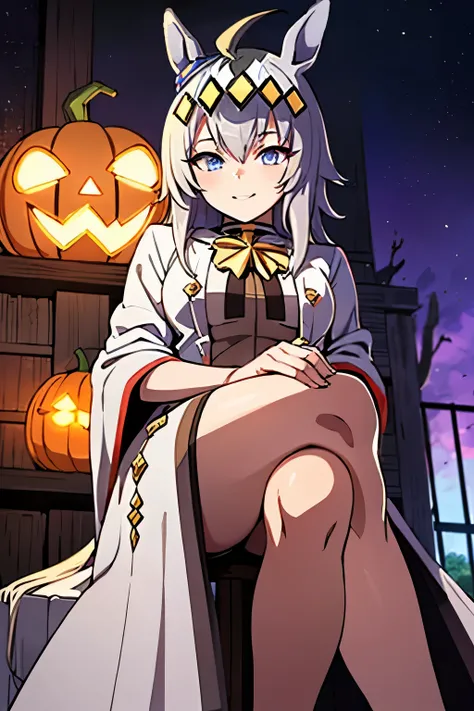 crossed legs ,Night,ウマ娘,馬の耳,silver hair, looking down at viewer, medium breasts, , seductive smile, wizard robe, wizard dress,  witch hat,pumpkin