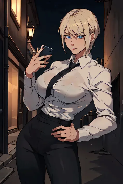  with short blonde hair, blue eyes, wearing a white shirt, breasts, with a black tie, defined body, wearing black pants wearing black pants, defined waist, hips, collared shirt, In an alley on a street at night, with a bloodstained shirt and holding a cell...