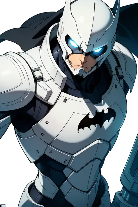 a close up of a drawing of a man in armor, streamlined white armor, batman mecha, detailed white armor, in white futuristic armor, white metal armor, sleek streamlined white armor, intricate white armor, white armor, sleek white armor, white metallic armor...