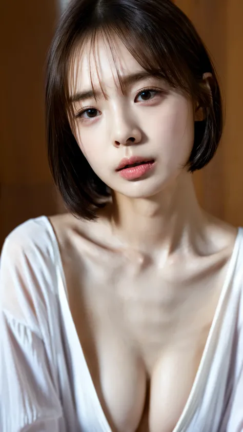 ((Petite women, Sensual woman, No makeup)), (((柔和な笑face, Small eyes, Narrow eyes))), (Full body portrait, Black Hair, Short Hair, Small breasts, Wearing a white T-shirt, Protruding nipples, Thick pubic hair), White skin, Glossy pale lips, skinny, Body Type...