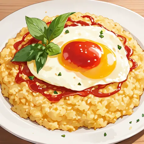 Omelette rice、ketchup、Anime Style、Simple design