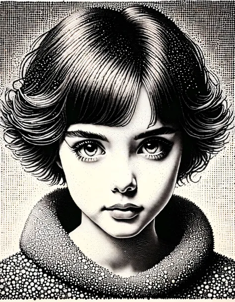 Lithograph with super detail, high-density pointillism and cross-hatching to fully depict texture and expression, 1 girl, languid expression, early teens, soft short bob style hair, long eyelashes, small ears, Ethereal fashion, upper body,