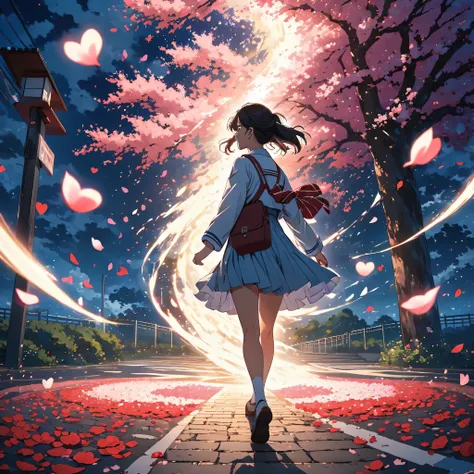 A dramatic scene where a Japanese high school student stands at a crossroads. One path leads to darkness, the other to light. Shes taking a step towards the light. Wind effects show leaves and heart-shaped petals swirling around her. The scene captures the...