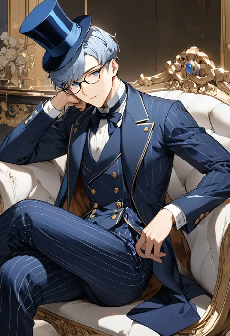 One Boy,A handsome 1 boy wearing glasses sits cross-legged on a one-seater antique sofa,(Light blue short hair),A plain, low-slung top hat,Navy double-breasted tailcoat and pinstripe trousers,Rodin&#39;s Thinker Pose,Toned and perfect body,Detailed backgro...