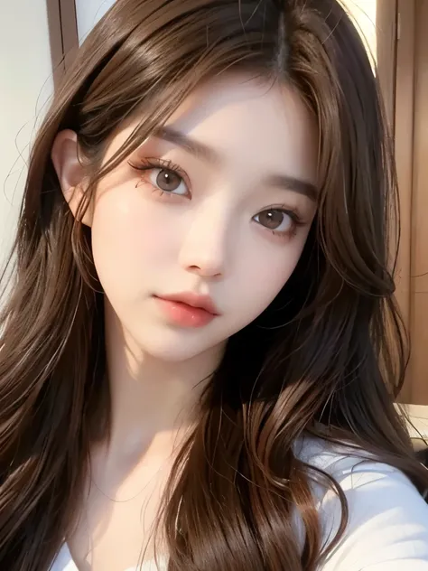 Kim Jennie with brown hair, with curls, with caramel-colored eyes, caramel eyes, Beautiful and big eyes, Beautiful and long eyelashes, with a raised and pretty nose, button nose, with cupid'heart shaped lips, pink lips, thick lips, pretty skin, pale wh...