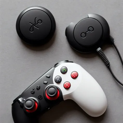 Create a modern, refined gaming logo within a perfect circle. The main element is a sleek, ergonomic game controller silhouette in matte black, occupying most of the circular space. The controller has smoothly rounded edges and a subtle 3D effect achieved ...