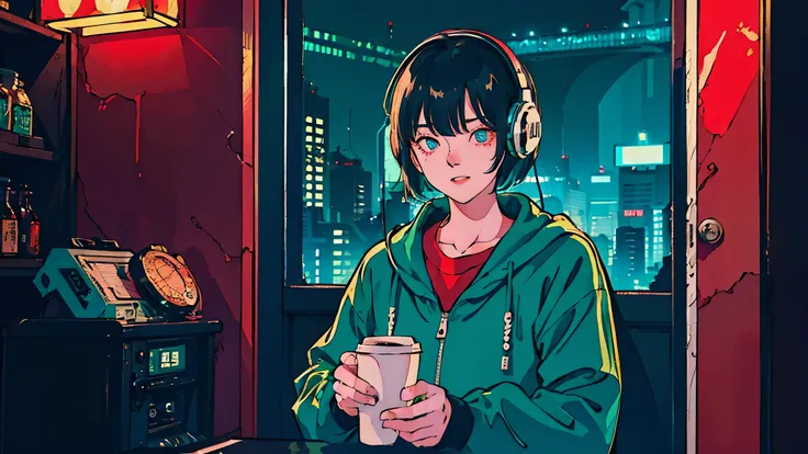 Beautiful Korean Women, One Woman, Black Hair, headphone, in the cafe, midnight tokyo, neon, window.Room turntable, In the style of neon realism, Charming character, action, Gadget Punk, solapunk, Colorful cityscape, Crimson and amber, Neon Black, Soft lig...