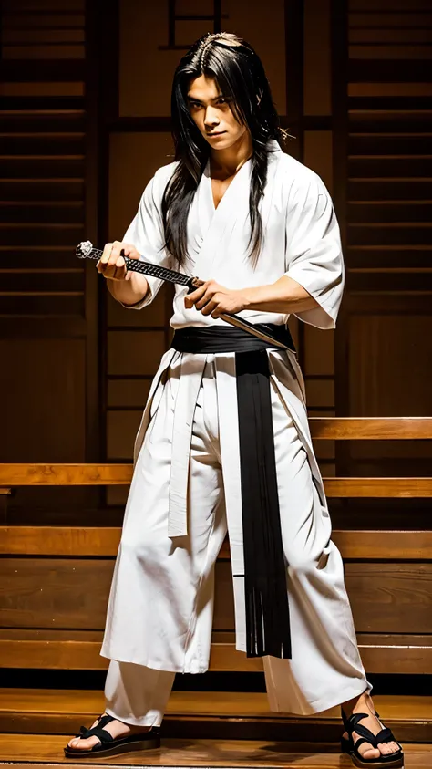 photograph, Young handsome Japanese man, Samurai, Wild, Full body image, Stand with a sword, Model Style, Disheveled long hair, muscle, Long trousers, Tokyo, Edo