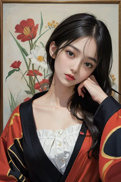 20-year-old female、(Famous Paintings:1.4)、(8k、Real、Original photo、Highest quality:1.4)、Japanese、(One girl)、Facial beauty、(Real Face:1.4)、Beautiful hairstyle、Realistic blue eyes、Beautiful detailing、(Bare Skin:1.3)、Beautiful Skin、Charming、Ultra-high resoluti...