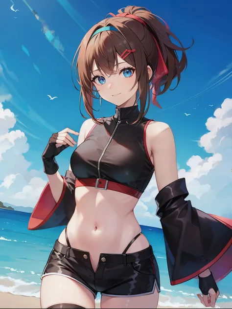 ,Haircuts, pixie cut,
BLAKE crop top, fingerless gloves, fishnet Thighhighs, fishnet,, gloves, head band, belly button, very_short_shorts, shorts, single sleeve, No sleeve, No sleeve turtleneck, Thighhighs, turtleneck, darkbrown_hair,
、blue sky、smile, solo...