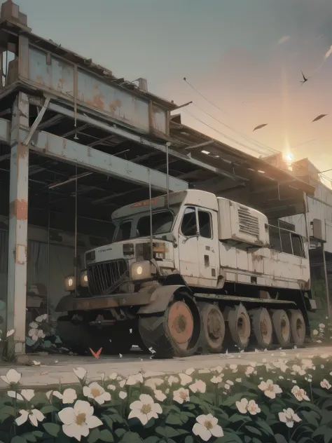 Detailed Machinery、Abandoned Factory、Atrium、(((White Flower Field)))、(((Rusty heavy equipment)))、Gorgeous light leaks、(((Sunset)))、fog、Detailed Background、Highest quality、(((No humans)))、Broken heavy machinery、Complex heavy machinery、Faint lighting、(((Flut...