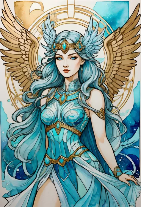 art nouveau and vaporwave cubism sketch with alcohol-inks with skyblue ice color paeatte accents, winged Valkyrie,  Norse design