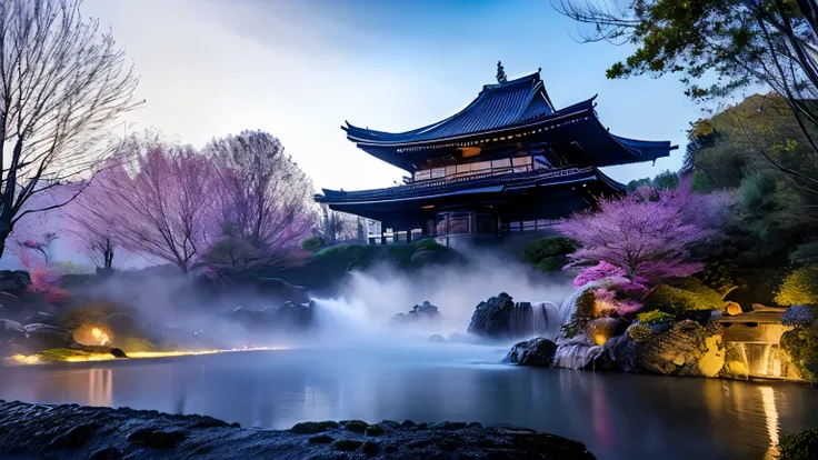 create a magical landscape featuring a castle inspired by tsuruga castle in aizu-wakamatsu, surrounded by glowing, mystical fore...