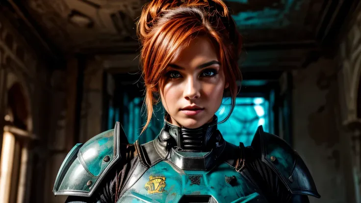 (realistic), (3d:0.3), dramatic lighting, ((masterpiece)),(quality),(high res), tall Lady Voidstar, [[covered abs]], ((x-ray power armor|lined suit|black and yellow power armor) mechanical arms), worn and dirty armor, armor with bumps. orange-red hair tied...