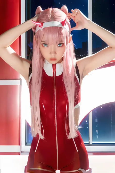 dynamic angle,ultra-detailed, illustration, straight on, 1girl, ((zero two, interface headband with a pair of horns, red bodysui...