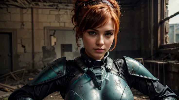 (realistic), (3d:0.3), dramatic lighting, ((masterpiece)),(quality),(high res), tall Lady Voidstar, [[covered abs]], ((x-ray power armor|lined suit|black and yellow power armor) mechanical arms), worn and dirty armor, armor with bumps. orange-red hair tied...