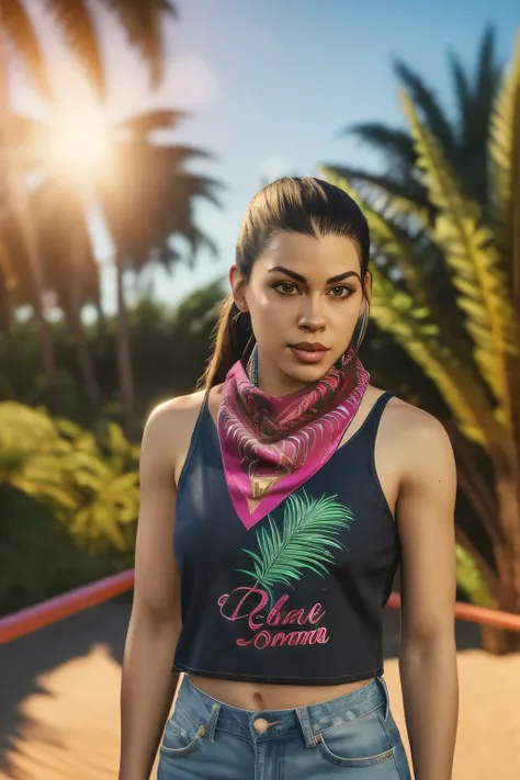 octane render,gtluc ,a woman, pele morena, neon lights,night,dark,(black tank shirt:1), ponytail, red bandana, denim shorts, (lo...