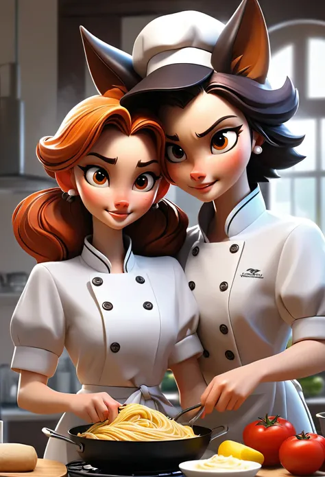 cover page, Cuisine Information Journal, highres, top quality, best quality, paid reward available, High-quality illustrations, unparalleled masterpiece, perfect artwork, absurdres(lovers, housekeeper girl, cooking, wolf husband)Newlyweds, kitchen, smile:0...