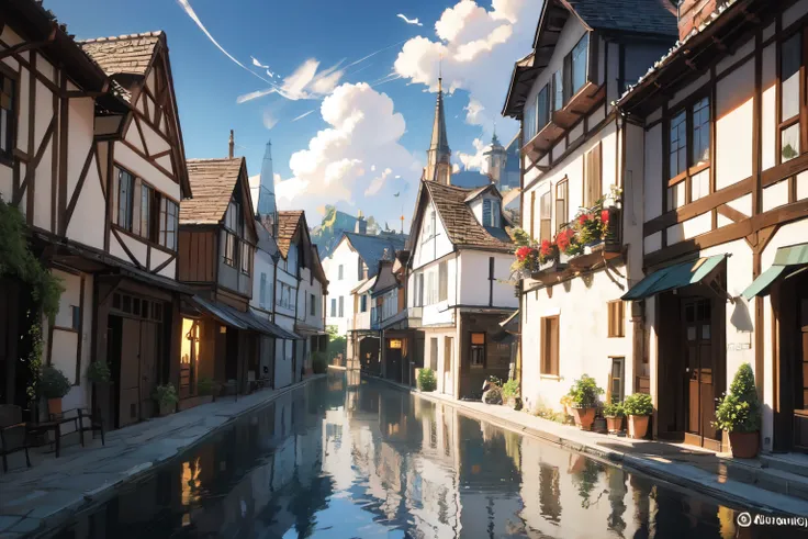 A small European medieval town, fresh style, sunshine