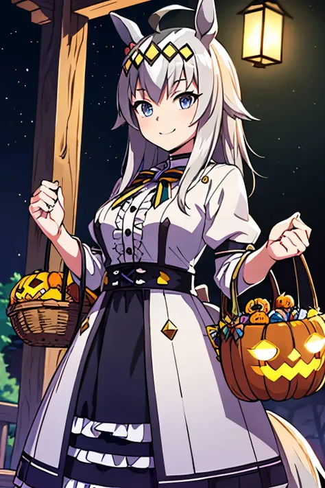 ,Night , silver hair, medium breasts, , seductive smile, wizard black lolita fashion ,long skirt,pumpkin, ahoge, horse ear, Horse tail, basket full of candy