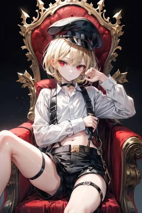 ((최고의 품질)), ((걸작)), (상세한), 완벽한 얼굴, SOLO, 1 BOY, SHOTA, ANIME, beautiful detailed eyes, BOB hair, BLOND hair, RED EYES, BARE thighs, (((BARE LEG))), ((BLACK short pants)), (((DRESS shirt))), ((MID DRIFF)), Flat chest, Choker, expressionless, spread your leg...