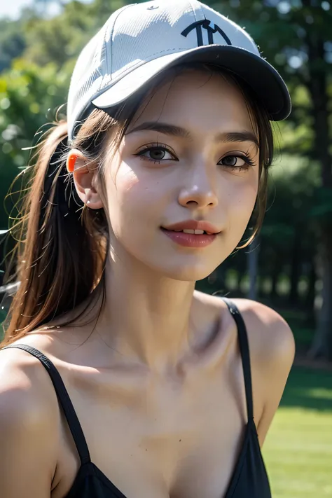 1 woman, 25years old, ((showing the entire body)), wearing bikini, (ponytail hair), Wearing a golf cap, at the golf course, ((Leaning forward)), flowing hair, large breast, Holding a golf club next to her face, Highest quality, Soft Light, Ultra-high resol...