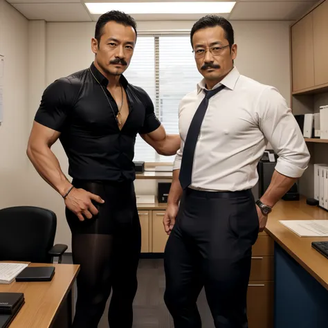 40 years old，Hidetoshi Nakata，（Kogoro Mori 1.3），Two men，Topless，muscle，office，Standing，foot，foot张开，stocking，chicken，shirt，网眼Tights，necklace，Lean，black，sock，Thick body hair，chest hair，Tights，underwear，Fortitude，HD，With a mustache