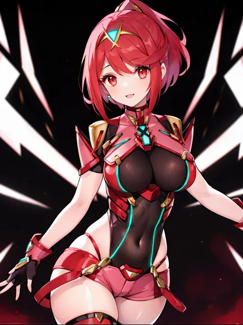 pyra (xenoblade), young_teen_1girl, armor, bangs, black gloves, breasts, red eyes, closed mouth, earrings, eyelashes, fingerless gloves, floating hair, framed breasts, gem, gloves, hair ornament, headpiece, jewelry, large_breasts, leaning back, leotard, ne...