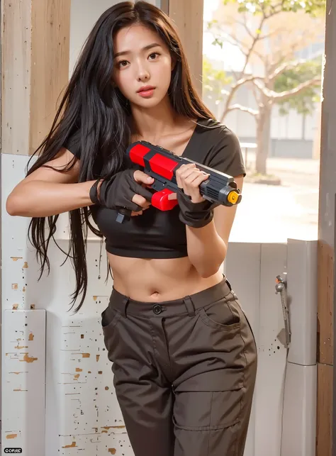 Create an 8k poster of a female wearing croptop with medium breasts, look at a camera, big watergun