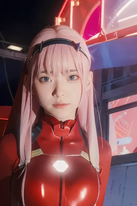 dynamic angle,ultra-detailed, illustration, straight on, 1girl, ((Zero two, interface headband with a pair of horns, red bodysuit:1.4, pink hair)), Her eyes shone like dreamy stars,(glowing eyes:1.233),(beautiful and detailed eyes:1.1),(expressionless, clo...