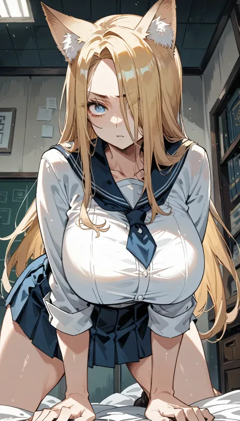 cold stare,(fox ears),(forehead,long hair over one eye),((side parted hair)),((huge breasts)),((narrow eyes,clear eyes,perfect e...