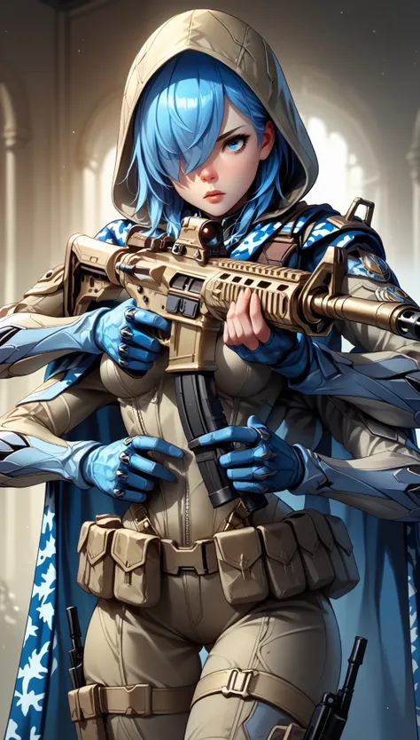 (zPDXL2), (PonyXLV6_Scores), source_anime, Expressiveh, solo, four-quarter portrait, rating_safe, BREAK

1girl, (four arms), short spiky hair, blue hair, hair covering one eye, blue eyes, (blue skin, blue hands, blue body), (wearing (camo cape with hood), ...