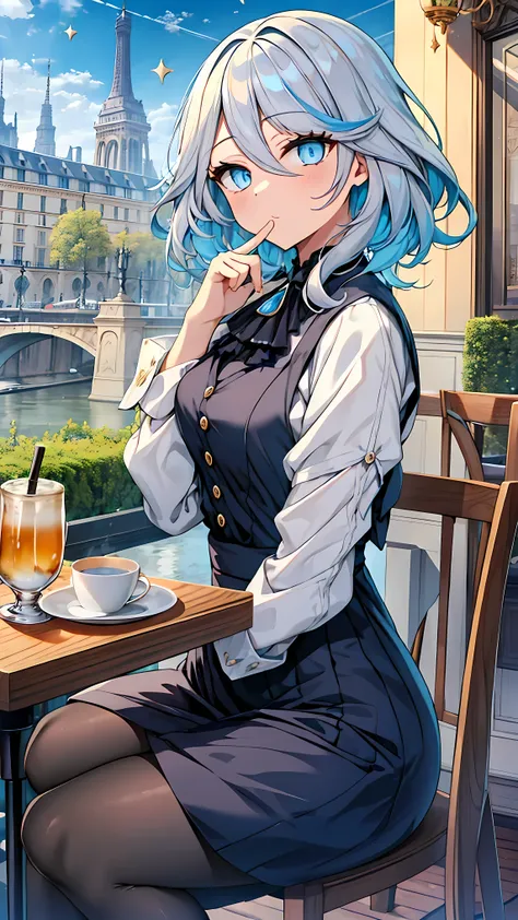 masterpiece, high quality, 4K, 最high quality, Paris France city background, girl, Pale Hair, blue eyes, The eyes are sparkling , White casual wear, Black Skirt, Laugh sadly with your mouth closed , sitting on a chair in a cafe, There is a foamy drink on th...