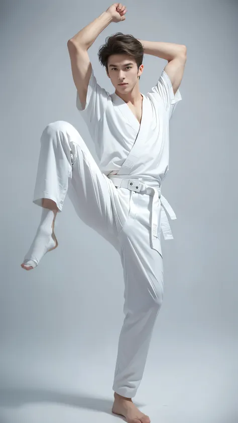 High Side Kick, Arms at your sides, Incredibly accurate depiction of faces, Accurate delineation of arms and legs, White karate uniform, White karate pants, Karate belt, photograph, 超リアリスティックなphotograph, Wild and handsome young man, View your viewers, Full...