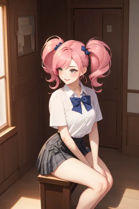 Beautiful woman with pink hair (mega twin tails) 8 k, masterpiece, very detailed, One,
(school),
side on,
lunge,
happiness,
skirt