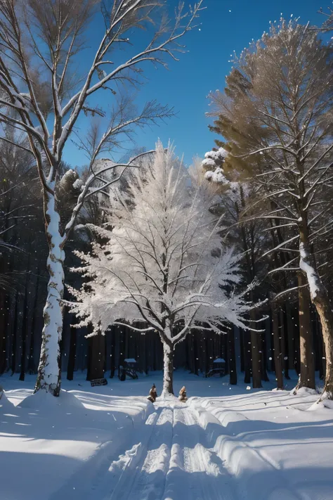 A tree snow covered in a magic sparkling forest with animals near it and  fairies flying around it, realistic photo