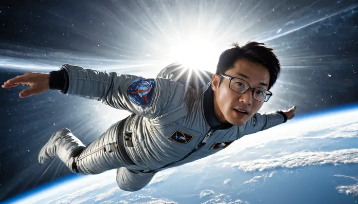 Realistic footage of an Asian man wearing a silver sci-fi jacket and glasses, flying into space in a blue beam of light from a space station that is hovering like a floating city in the Earths stratosphere, the space station shining a bright streak of ligh...