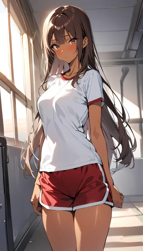 Takeda Hiromitsu style,(((masterpiece,best quality anime:1.3,Best Quality))),cowboy shot,portrait,1woman,young adult,dark brown hair,straight long hair,bangs,((very small head:1.3)),brown eyes,small,((very long body,tan skin)),medium breasts,(School gym re...