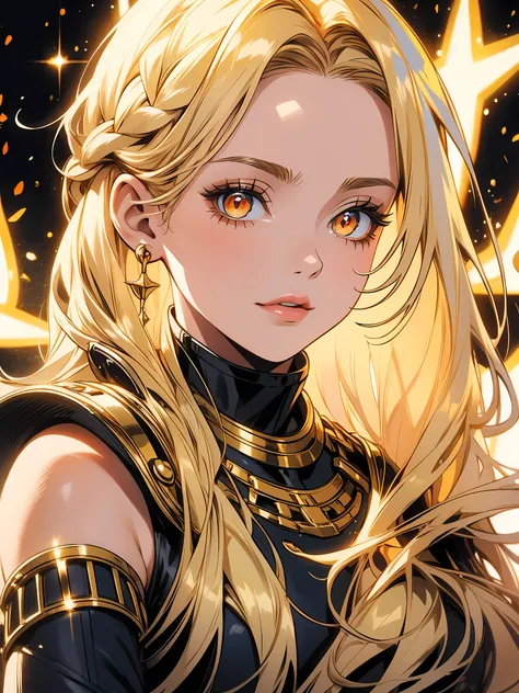 A bold PRINCESS with long blonde hair and shiny golden eyes