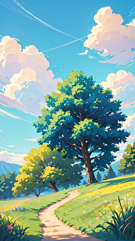 "A winding dirt path leading through an open meadow with a single tree in the distance. The sky is a clear, vibrant blue with a few clouds, and the colors are bright, giving the scene a feeling of serene solitude."