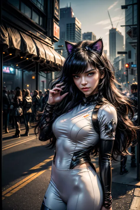 (masterpiece, best quality:1.2), cowboy shot, blake belladonna, cat ears, white shirt, detached sleeve, yoga pants, night, stars, standing near car, cyberpunk city, crowd, (masterpiece,stunning girlfriend, heart shaped face, elegant face, beautiful face, h...