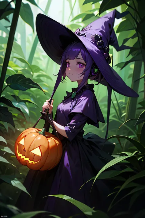 wearing witch headphones, a kawaii witch with a Halloween pumpkin walking through a jungle, close view, enjoying music with headphones, and wearing a black and purple dress, there are glowing plants and mushrooms, 8k ultra HD, sharp view