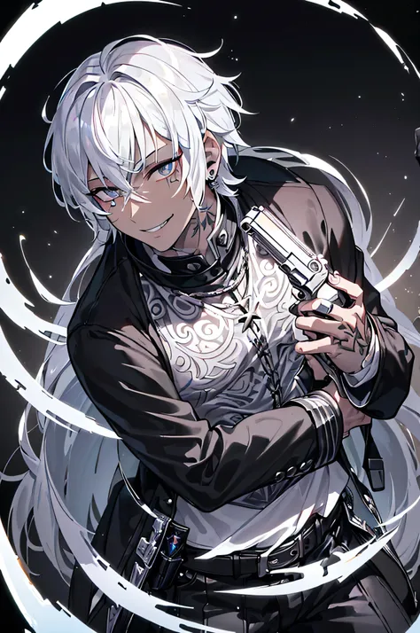 (Tabletop), (Best Quality), (8k)、Very detailed, 1 male、Focus Only，Scary look、Sparkling Eyes、(Black Eyes:1.4）((Unlit black background))、Silver Hair Short、((male))、Shiny Hair、(((((Man)))))、((Dark Skin))、Drug lord、Mafia clothing、Smile、Holding a gun、Face tatto...