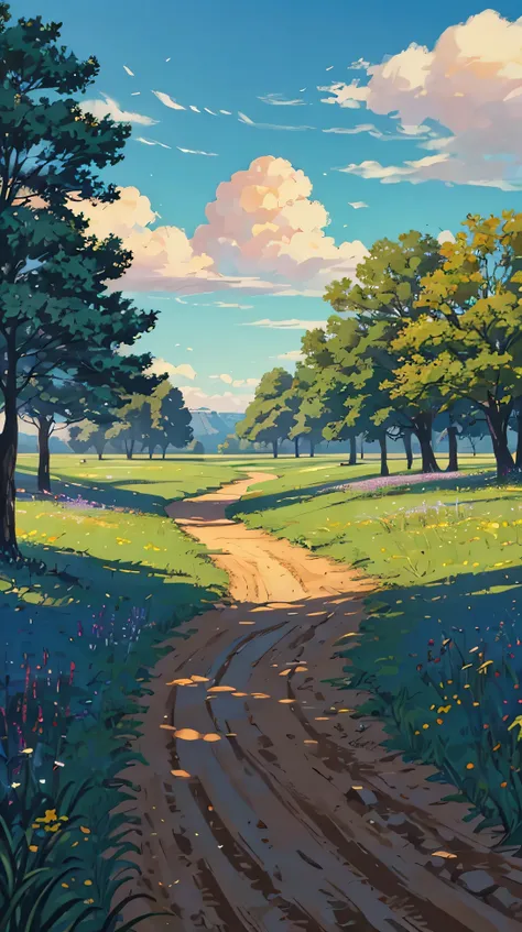 "A winding dirt path leading through an open meadow with a single tree in the distance. The sky is a clear, vibrant blue with a few clouds, and the colors are bright, giving the scene a feeling of serene solitude."